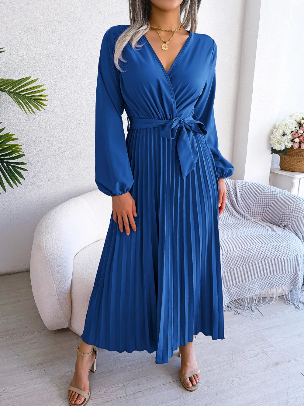 Thea | Elegante Plissé Jurk met Strikceintuur