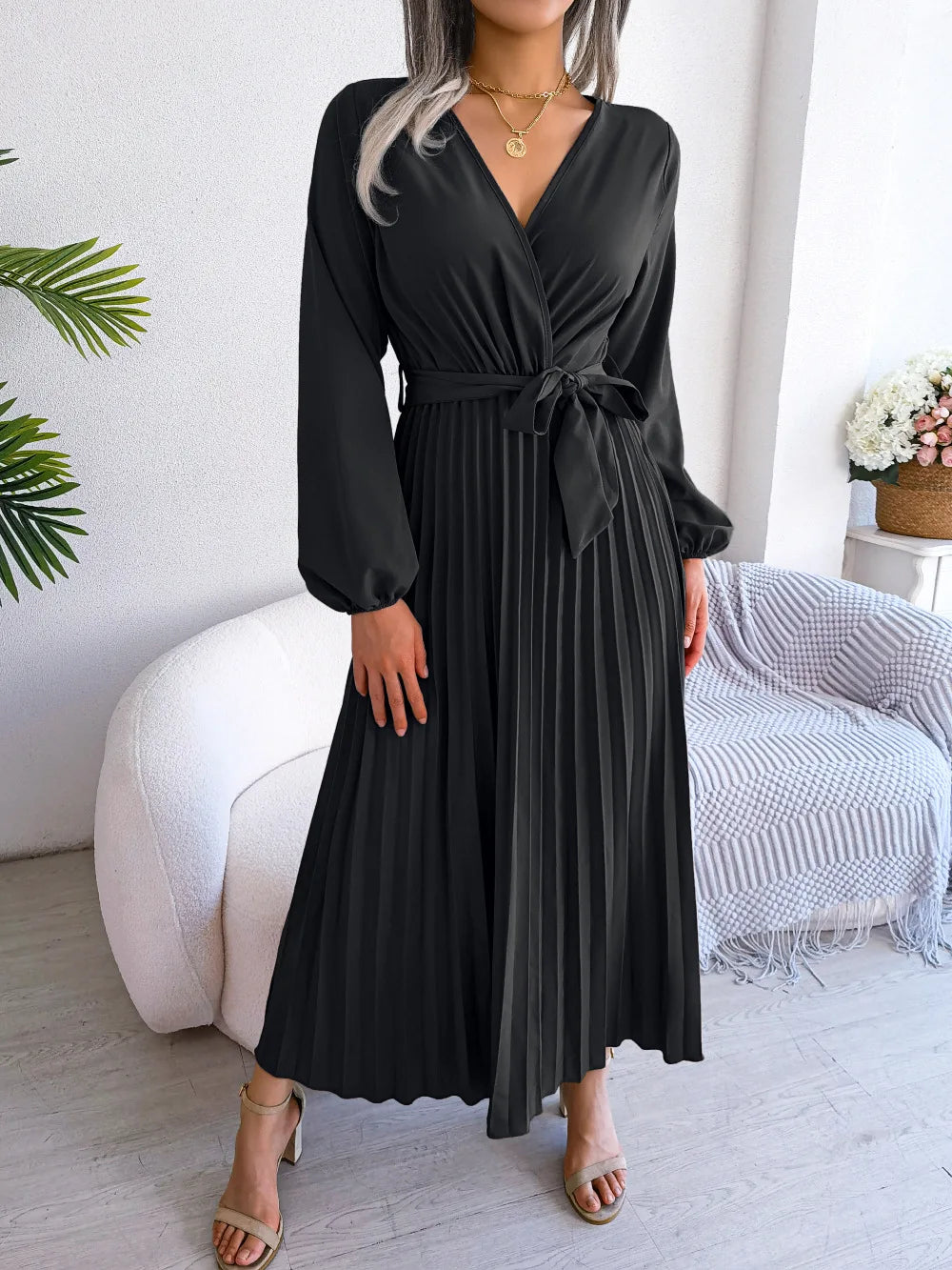 Thea | Elegante Plissé Jurk met Strikceintuur