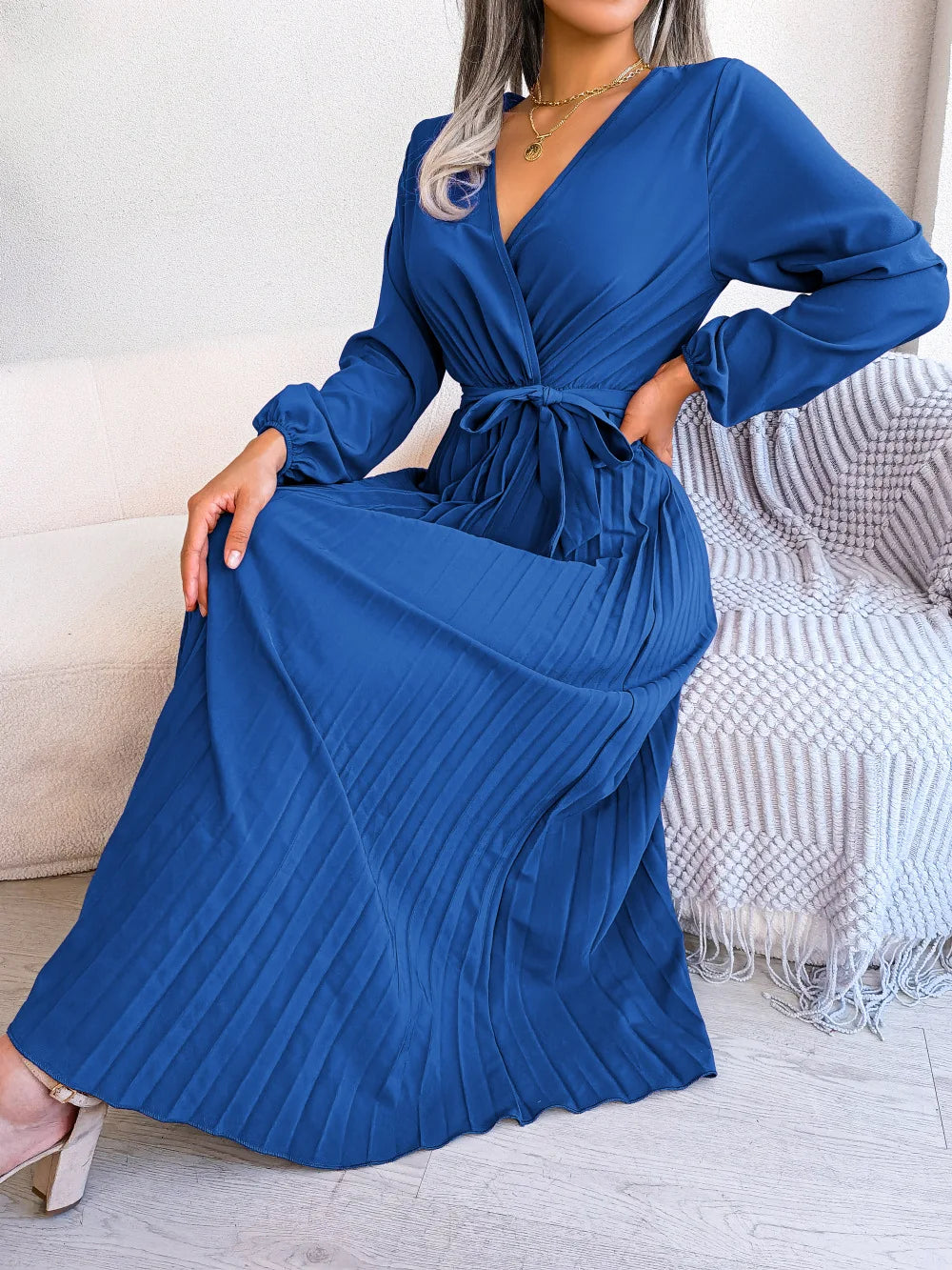 Thea | Elegante Plissé Jurk met Strikceintuur